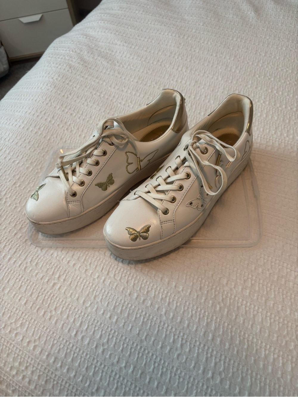 Michael Kors White Platform Sneakers with Gold Butterfly Accents
